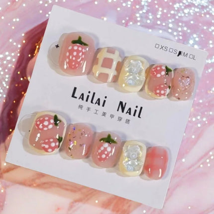 Press On Nails Handmade Square Pink For Women Strawberry by zapcart