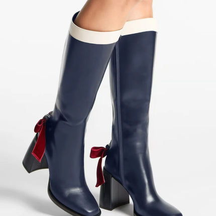 Bow Knee High Boots For Women Chic Thick Heels Square Toe by zapcart