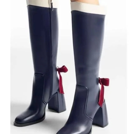 Bow Knee High Boots For Women Chic Thick Heels Square Toe by zapcart