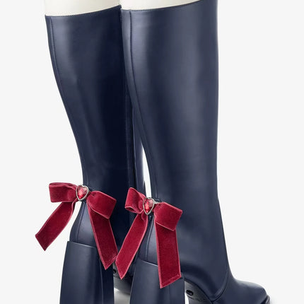 Bow Knee High Boots For Women Chic Thick Heels Square Toe by zapcart