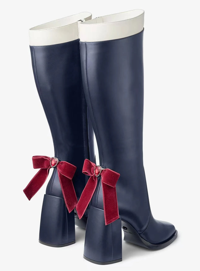 Bow Knee High Boots For Women Chic Thick Heels Square Toe by zapcart