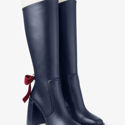 Bow Knee High Boots For Women Chic Thick Heels Square Toe by zapcart