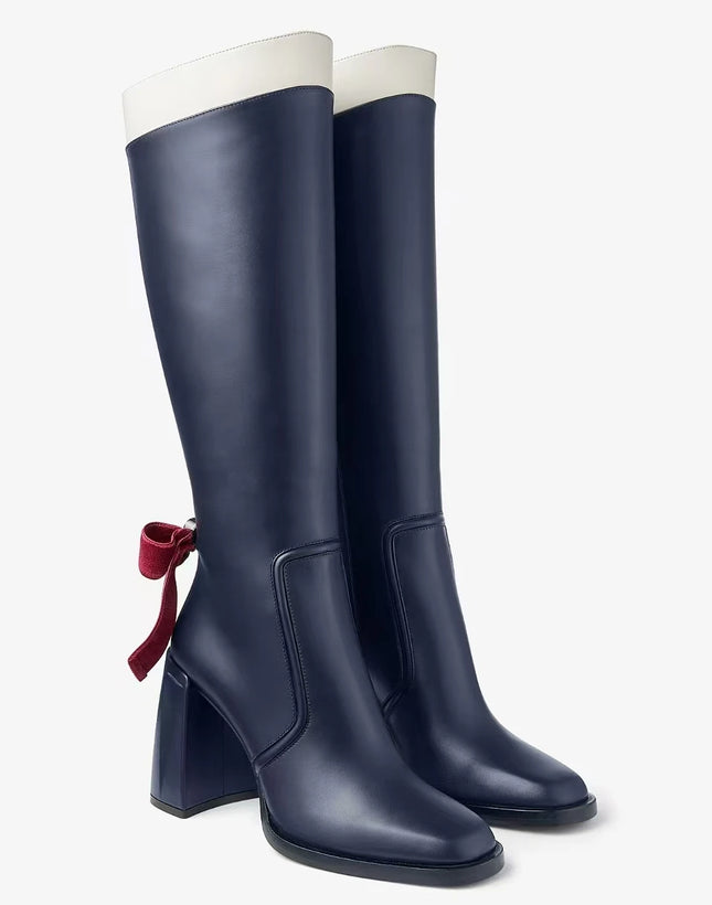 Bow Knee High Boots For Women Chic Thick Heels Square Toe by zapcart