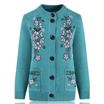 Middle-aged and elderly women's Autumn Winter New Grandma Knit Sweater Cardigan Loose Plus size Long-sleeved Pocket Sweater Coat by zapcart