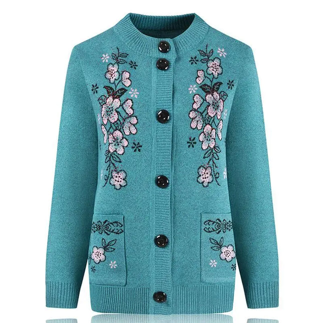 Middle-aged and elderly women's Autumn Winter New Grandma Knit Sweater Cardigan Loose Plus size Long-sleeved Pocket Sweater Coat by zapcart