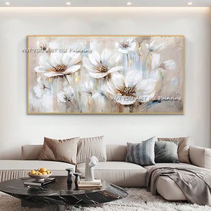 Abstract Golden White Flowers Painting Fujian Living Room by zapcart