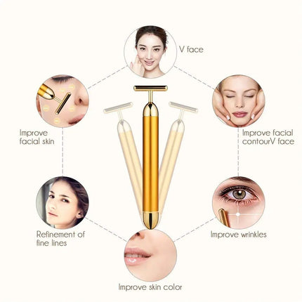 24k Gold Face Lift Bar Roller Vibration Slimming Massager Facial Stick Facial Beauty Skin Care T Shaped Vibrating Tool with Bag by zapcart