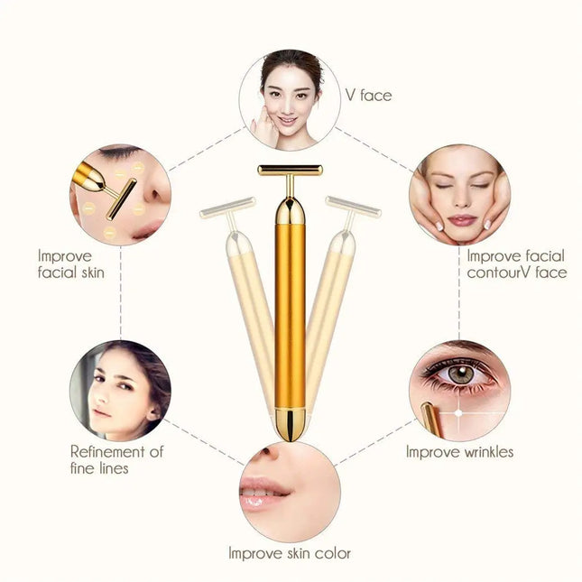 24k Gold Face Lift Bar Roller Vibration Slimming Massager Facial Stick Facial Beauty Skin Care T Shaped Vibrating Tool with Bag by zapcart