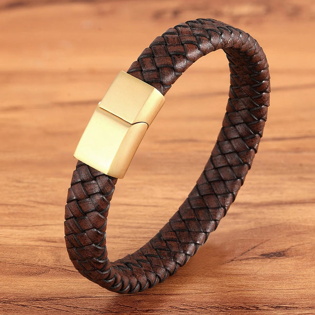 XQNI Men Leather Bracelet Brown Stainless Steel Buckle Gift by zapcart