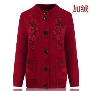 Middle-aged and elderly women's Autumn Winter New Grandma Knit Sweater Cardigan Loose Plus size Long-sleeved Pocket Sweater Coat by zapcart