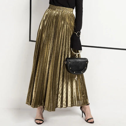 Harajuku Check Skirt Pleated Maxi High Waist Gold Women XXL by zapcart