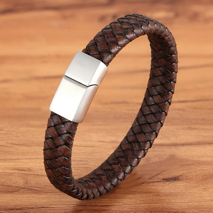 XQNI Men Leather Bracelet Brown Stainless Steel Buckle Gift by zapcart