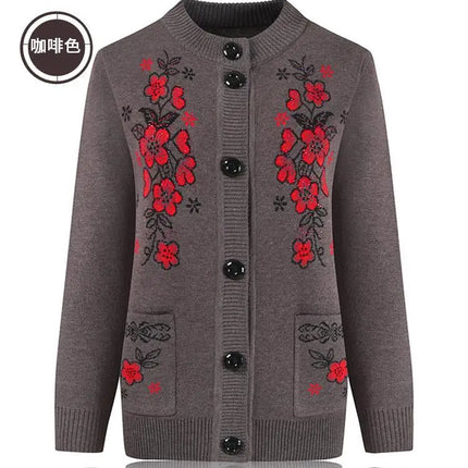 Middle-aged and elderly women's Autumn Winter New Grandma Knit Sweater Cardigan Loose Plus size Long-sleeved Pocket Sweater Coat by zapcart