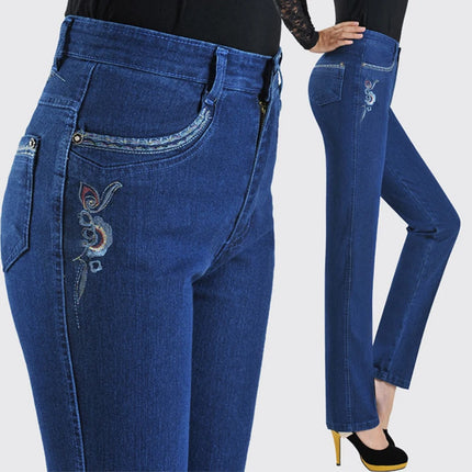 Middle Aged Women High Waist Denim Jeans With Embroidery by zapcart