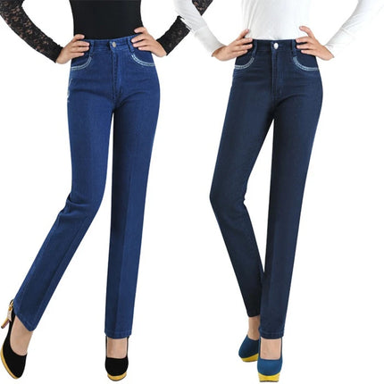 Middle Aged Women High Waist Denim Jeans With Embroidery by zapcart