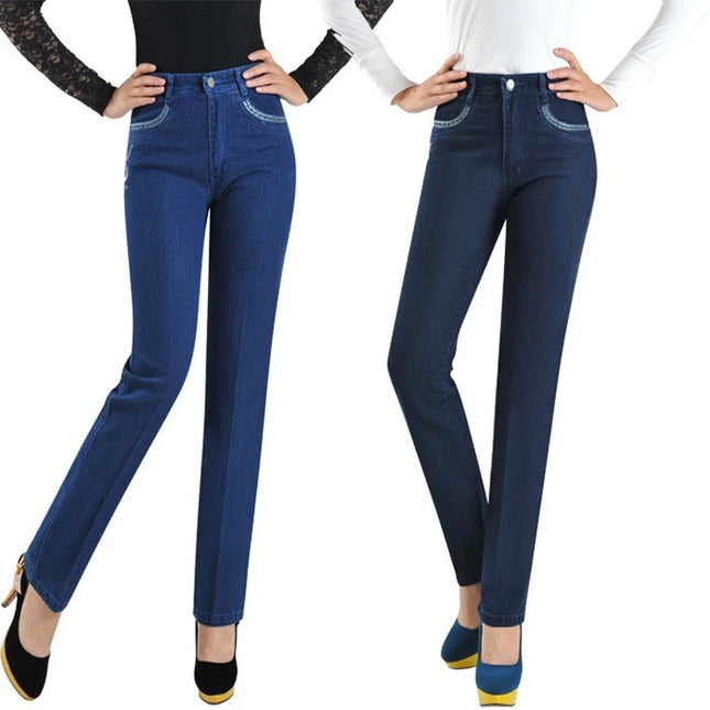 Middle Aged Women High Waist Denim Jeans With Embroidery by zapcart
