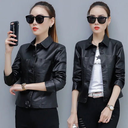 PU Motorcycle Leather Coat Women Hong Kong Chic Jacket by zapcart