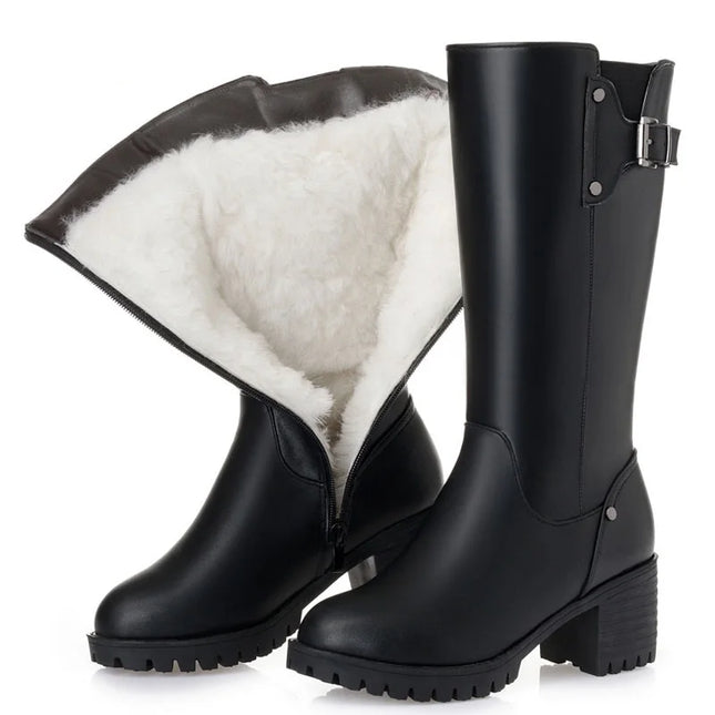 Drkanol Women Snow Boots Waterproof Leather Wool Fur Warm by zapcart