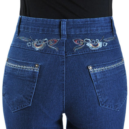 Middle Aged Women High Waist Denim Jeans With Embroidery by zapcart
