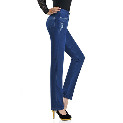 Middle Aged Women High Waist Denim Jeans With Embroidery by zapcart