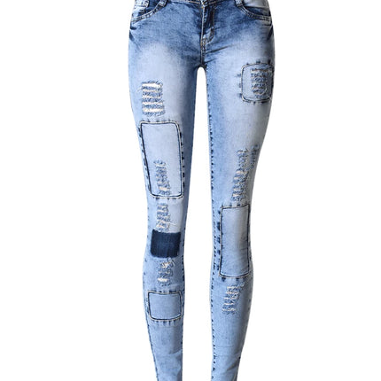 Womens Patchwork Skinny Jeans Low Waist Sky Blue Stretch by zapcart