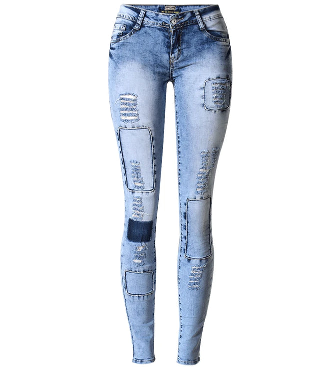 Womens Patchwork Skinny Jeans Low Waist Sky Blue Stretch by zapcart
