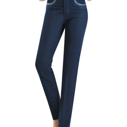 Middle Aged Women High Waist Denim Jeans With Embroidery by zapcart