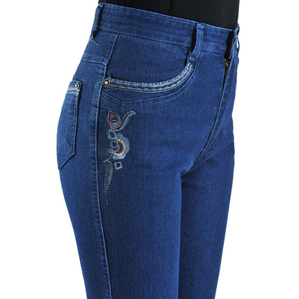 Middle Aged Women High Waist Denim Jeans With Embroidery by zapcart
