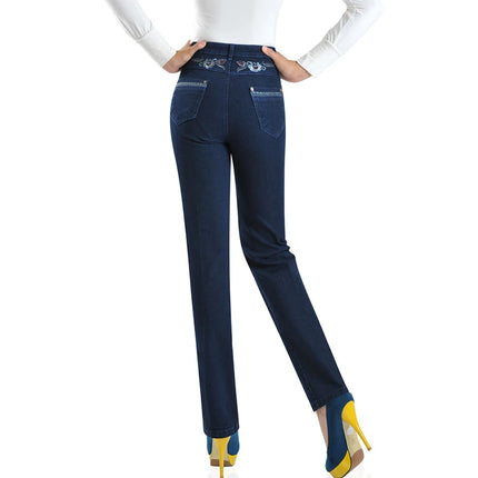Middle Aged Women High Waist Denim Jeans With Embroidery by zapcart