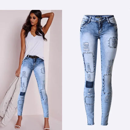 Womens Patchwork Skinny Jeans Low Waist Sky Blue Stretch by zapcart