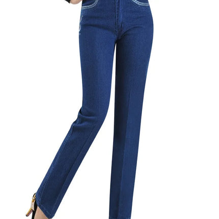 Middle Aged Women High Waist Denim Jeans With Embroidery by zapcart