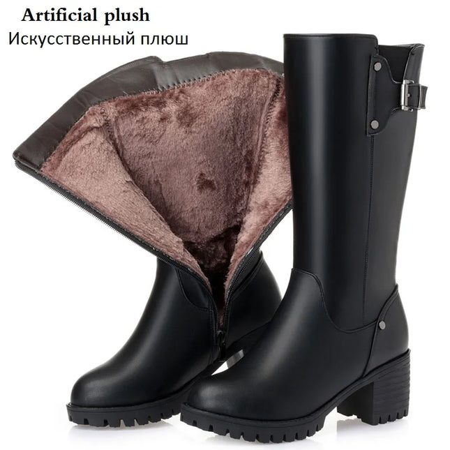 Drkanol Women Snow Boots Waterproof Leather Wool Fur Warm by zapcart