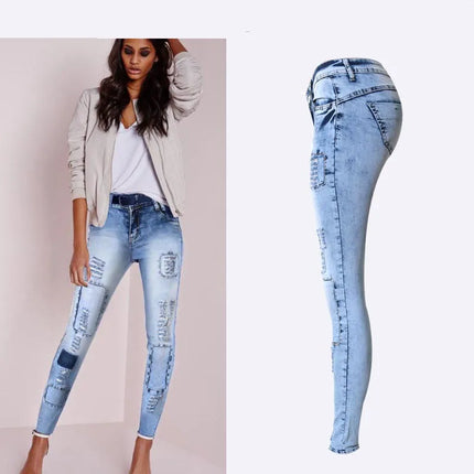 Womens Patchwork Skinny Jeans Low Waist Sky Blue Stretch by zapcart