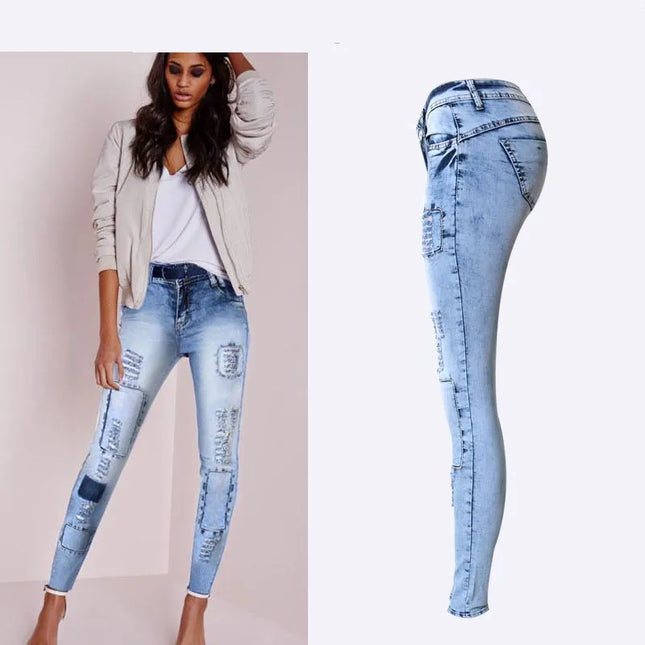 Womens Patchwork Skinny Jeans Low Waist Sky Blue Stretch by zapcart