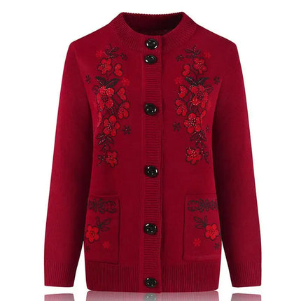 Middle-aged and elderly women's Autumn Winter New Grandma Knit Sweater Cardigan Loose Plus size Long-sleeved Pocket Sweater Coat by zapcart