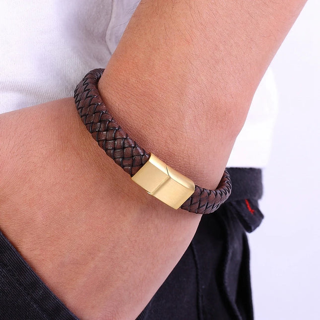 XQNI Men Leather Bracelet Brown Stainless Steel Buckle Gift by zapcart