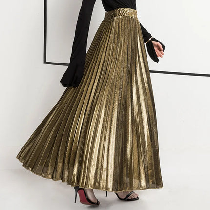 Harajuku Check Skirt Pleated Maxi High Waist Gold Women XXL by zapcart