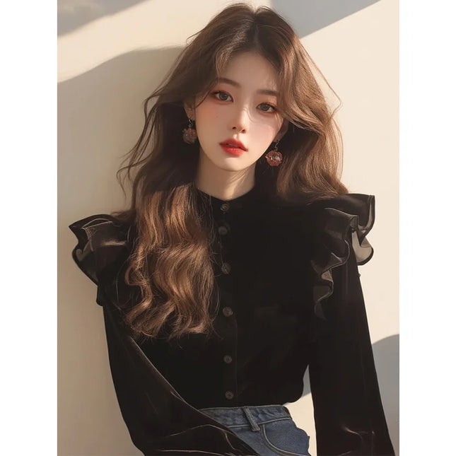 Black Velvet Blouse For Women Ruffled Stand Neck Top by zapcart