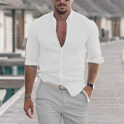 King Billion Men Cotton Linen Mandarin Collar Shirt Loose by zapcart