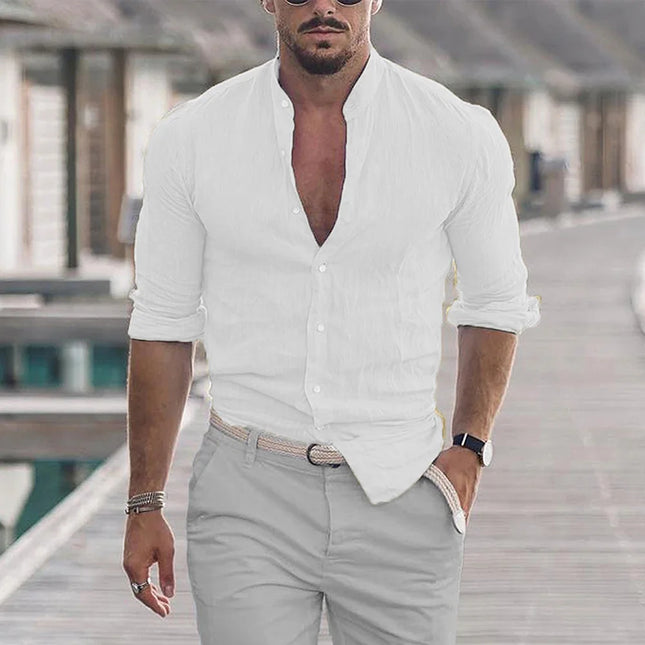 King Billion Men Cotton Linen Mandarin Collar Shirt Loose by zapcart