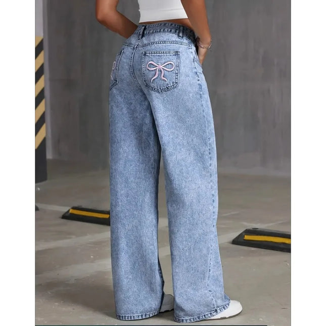 Denim Wide Leg Jeans High Waisted Bow Embroidered Women by zapcart