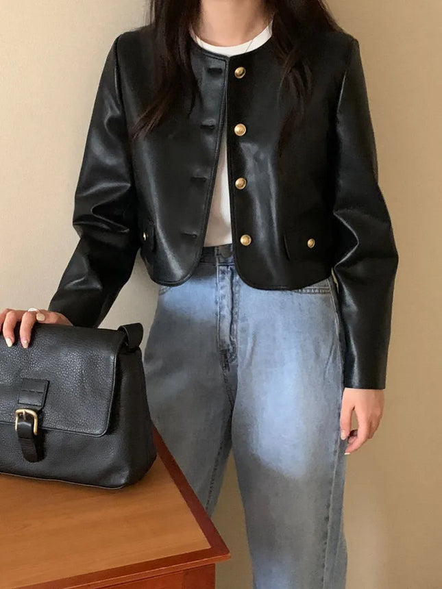Korean Style Black Leather Jacket Women Vintage O Neck by zapcart