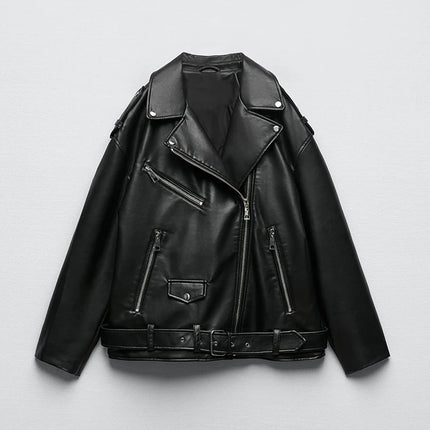 Ailegogo Women Belted PU Faux Leather Motorcycle Jacket by zapcart