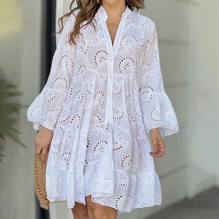 Chic White Lace Dress For Women Summer Vintage V Neck by zapcart