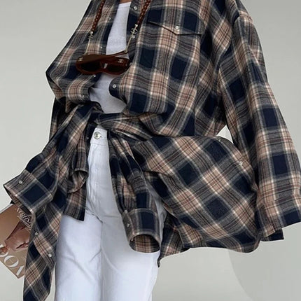 Mumaroho 2024 Women Autumn Plaid Shirt Oversized Blouse by zapcart