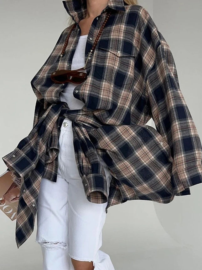 Mumaroho 2024 Women Autumn Plaid Shirt Oversized Blouse by zapcart