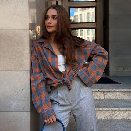 Women Plaid Shirt Oversized Pocket Turndown Collar Blouse by zapcart