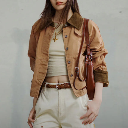 Maden Retro Khaki Corduroy Collar Jacket For Women Warmth by zapcart