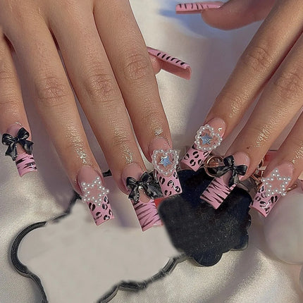 Extra Long Press On Nails Glue Included Bear Bow For Women by zapcart