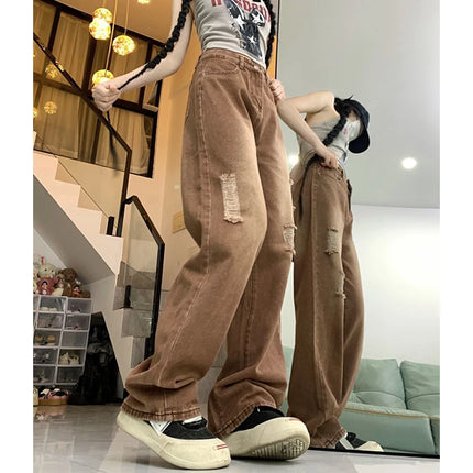 Women Y2K Ripped High Waist Jeans Vintage Washed Pockets by zapcart